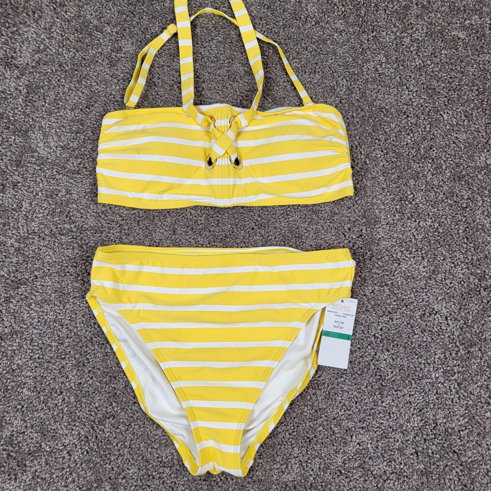 Michael Kors Bikini Set Women L Yellow Good Striped Bandeau High Waist Cruise